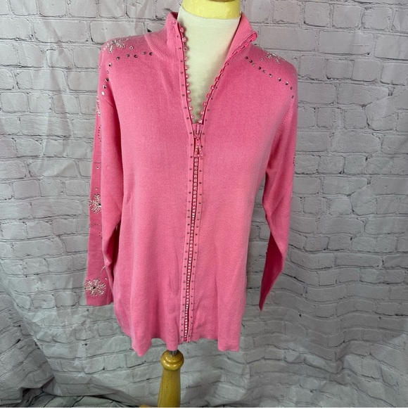 quacker factory pink zip sweater cardigan embroidered embellished sz Med sequins - Picture 1 of 9